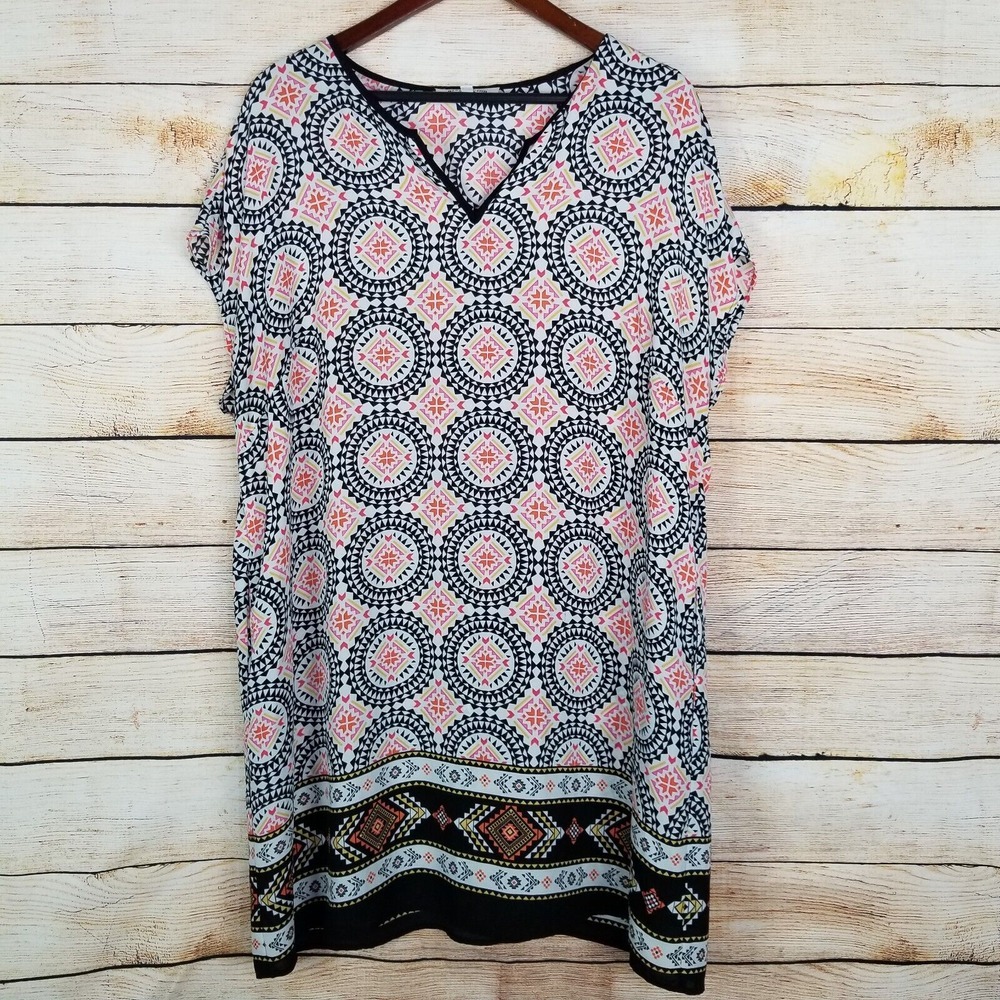 Black Rainn Womens Size XL Top Tunic Mandela‎ Geometric V-Neck Dress White Pink